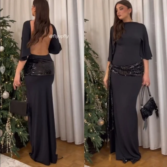 ZARA VIRAL SEQUIN CUMMERBUND MIDI DRESS BLACK